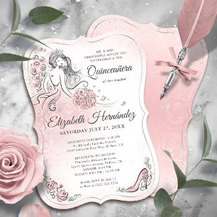 Blush Pink Silver Princess Quinceanera Birthday Invitation