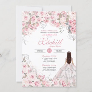 Blush Pink Silver Rose Blossom Elegant Quinceanera Invitation