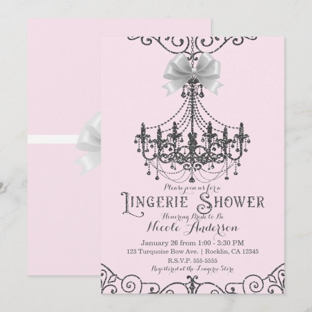 Blush Pink Silver White Bow Lingerie Shower Invitation (Front/Back)