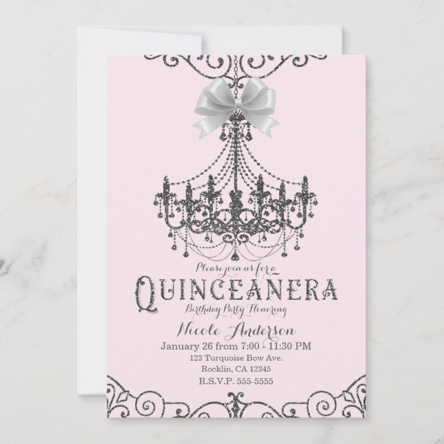 Blush Pink Silver White Bow Quinceañera 15 15th Invitation (Front)