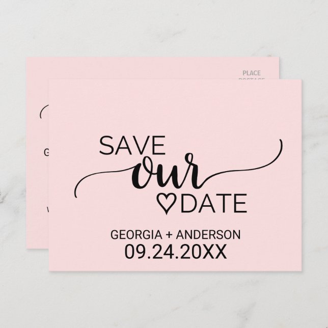Blush Pink Simple Calligraphy Save our Date Announcement Postcard (Front/Back)