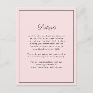 Blush Pink Simple Elegant Wedding Info Details Enclosure Card