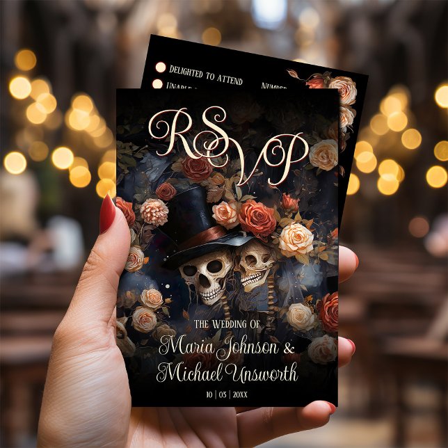 Blush Pink Skeletons Vintage Gothic Wedding RSVP Card (Creator Uploaded)