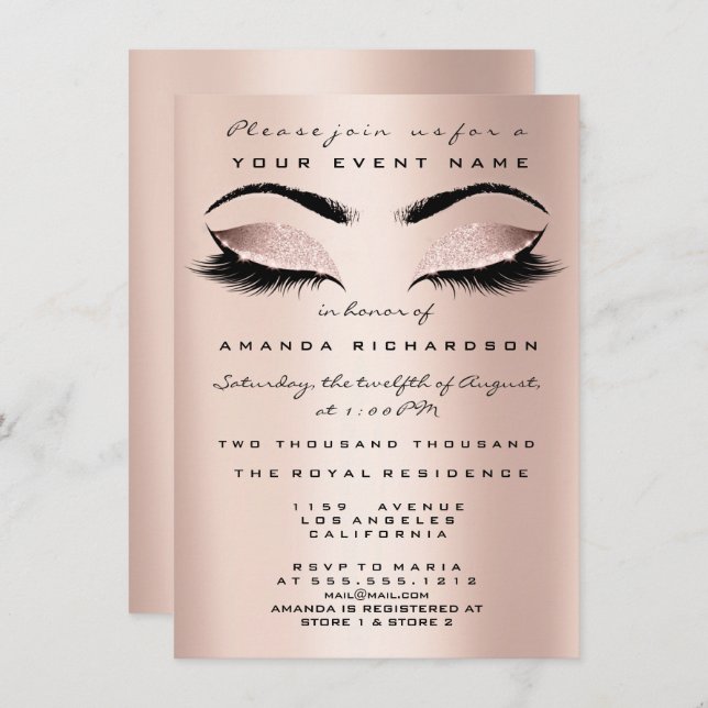 Blush Pink Skinny Makeup Glitter Eyes 16th Bride Invitation (Front/Back)