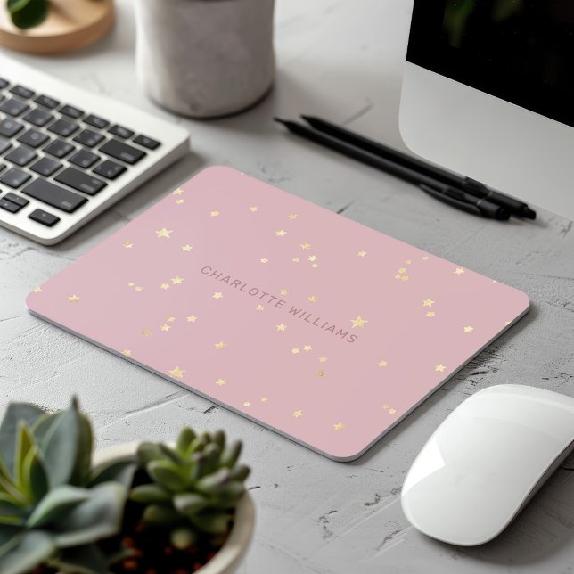 Blush Pink Sky Gold Stars Minimalist Monogram Mouse Pad (Creator Uploaded)
