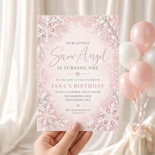 Blush Pink Snow Angel Winter First Birthday Invitation
