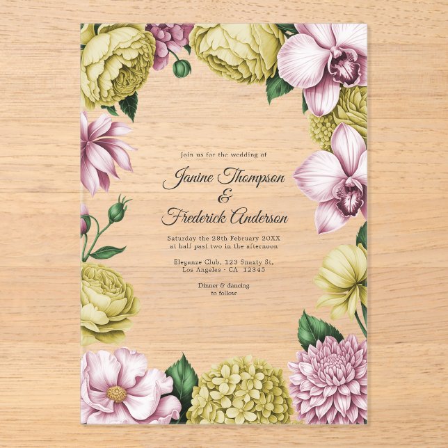 Blush Pink & Soft Gold Modern Botanical Wedding Acrylic Invitations (Front)