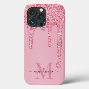 Blush Pink Sparkle Glam Glitter Drips Monogram iPhone 13 Pro Case