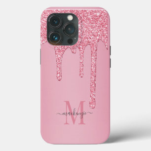 Blush Pink Sparkle Glam Glitter Drips Monogram iPhone 13 Pro Case
