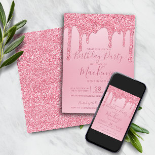 Blush Pink Sparkle Glitter Drips Any Year Birthday Invitation
