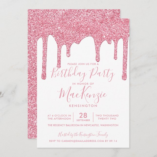 Blush Pink Sparkle Glitter Drips Any Year Birthday Invitation (Front/Back)