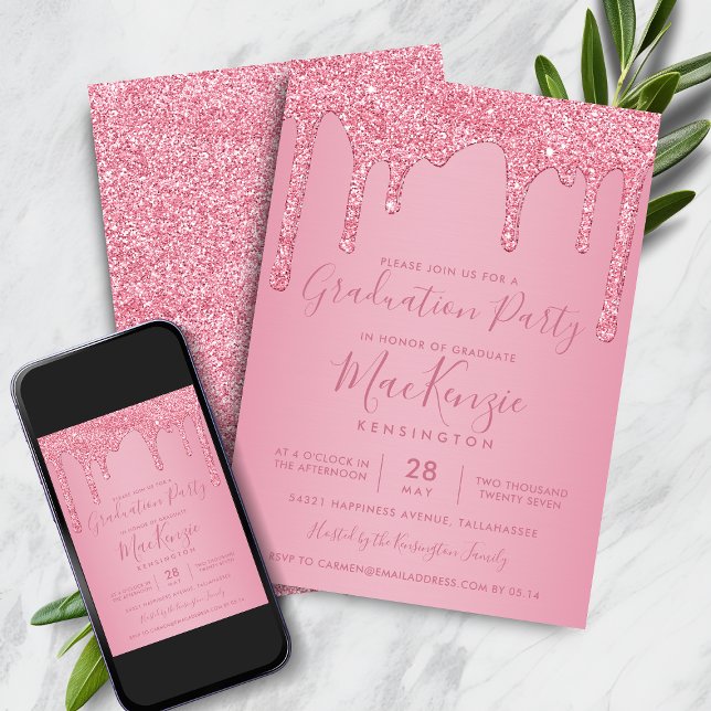 Blush Pink Sparkle Glitter Drips Graduation Party Invitation (Blush Pink Sparkle Glitter Drips Graduation Party Invitation with Instant Download)
