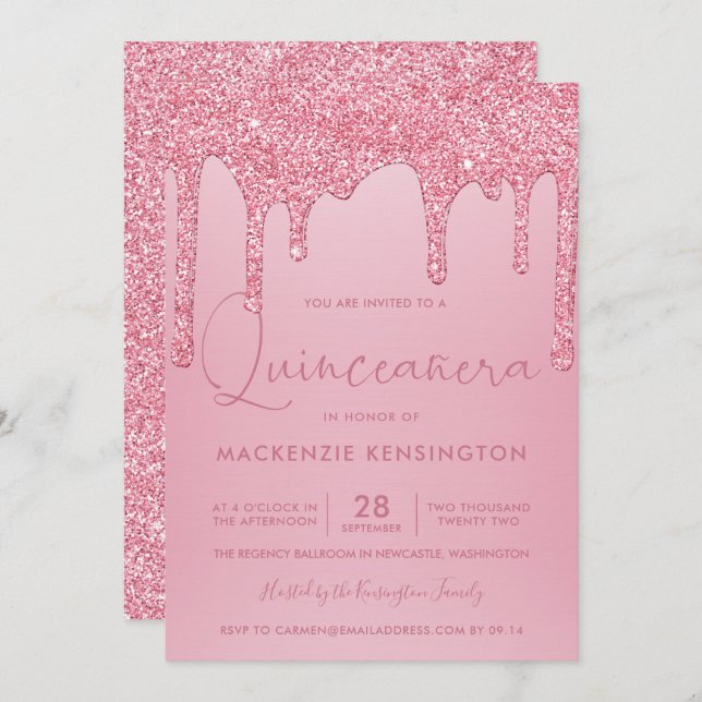 Blush Pink Sparkle Glitter Drips Quinceañera Invitation (Front/Back)