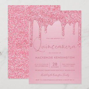Blush Pink Sparkle Glitter Drips Quinceañera Invitation