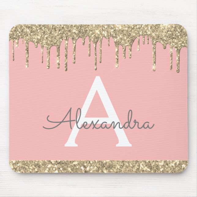 Blush Pink Sparkle Glitter Monogram Name Mousepad (Front)