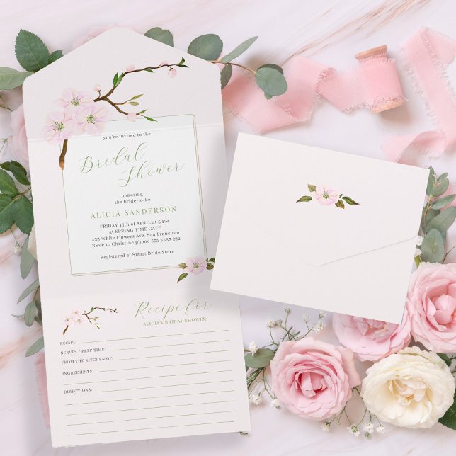 Blush pink spring floral bridal shower with recipe all in one invitation (Creator Uploaded)