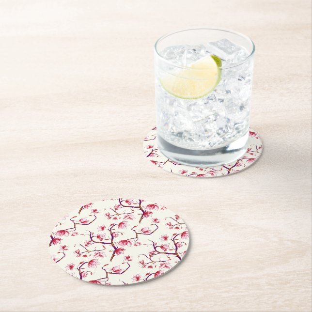 Blush Pink Spring Rustic Bohemian Floral Round Paper Coaster (Insitu)
