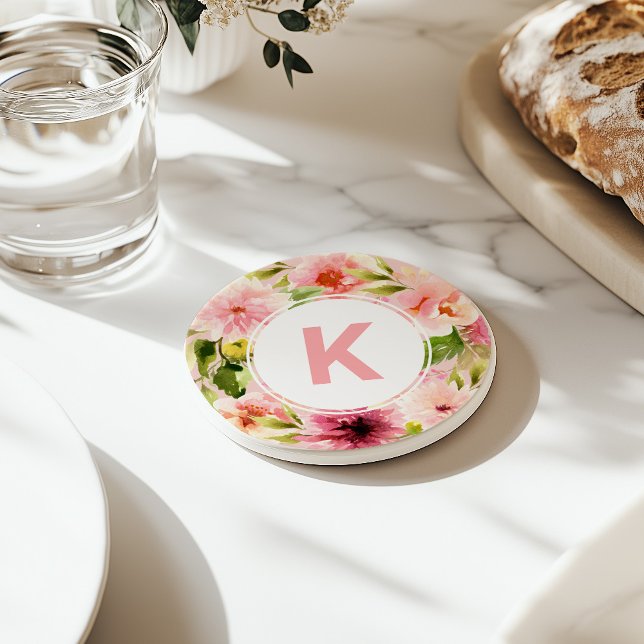 Blush Pink Spring Watercolor Flowers Monogram Coaster (Creator Uploaded)