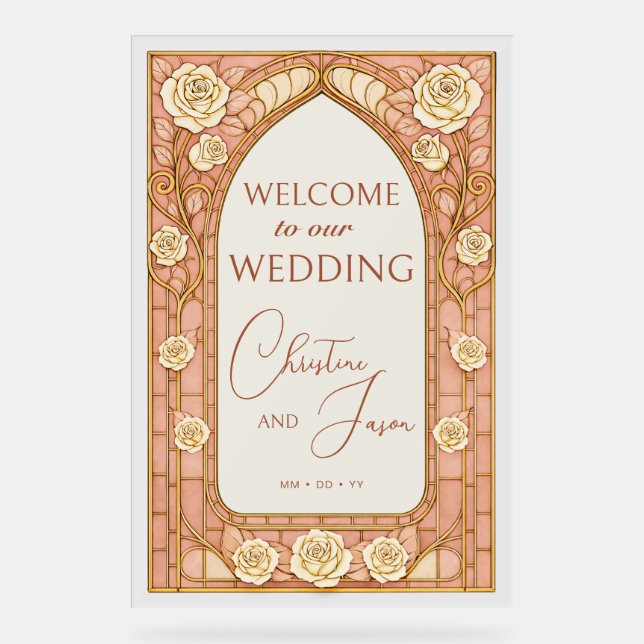 Blush Pink Stained Glass Floral Wedding Welcome  Acrylic Sign (Front)