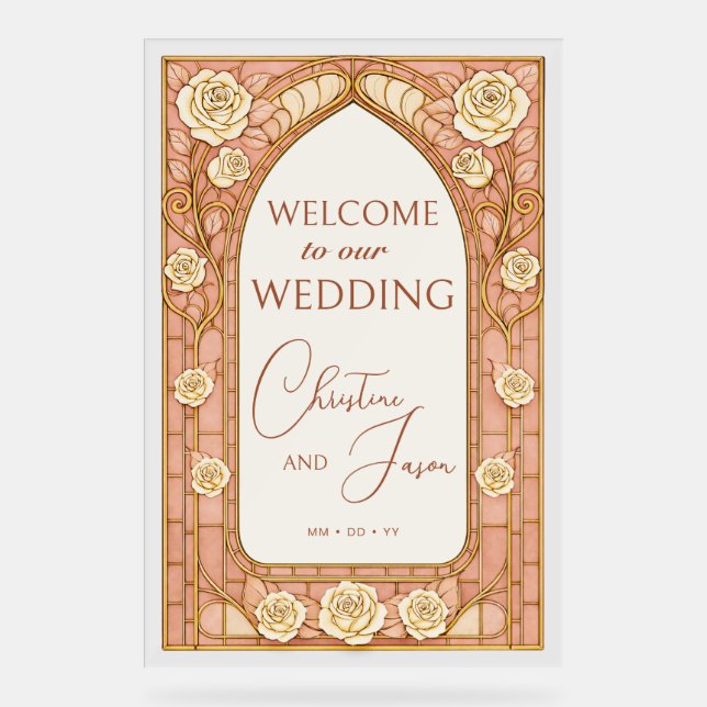 Blush Pink Stained Glass Floral Wedding Welcome  Acrylic Sign (Front)