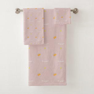 Blush pink stars crowns sweet cute happy cheerful bath towel set
