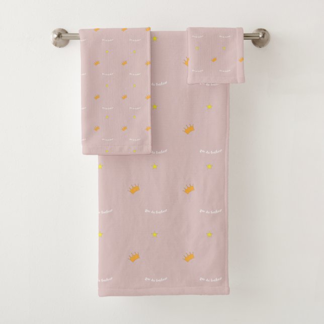 Blush pink stars crowns sweet cute happy cheerful bath towel set (Insitu)