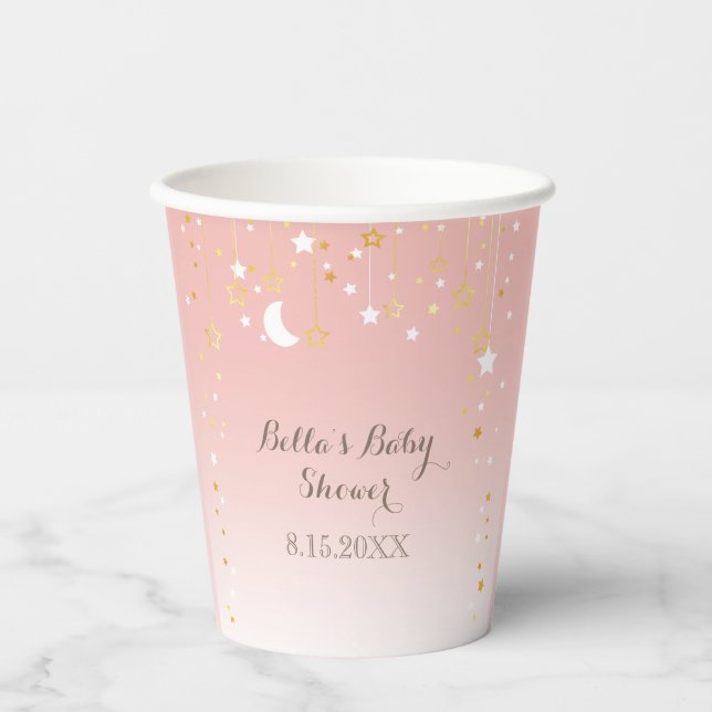 Blush Pink Stars Moon Baby Shower Paper Cups (Front)