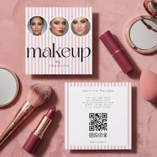 Blush Pink Stripe 3 Photo MUA QR Code Socials Square Business Card