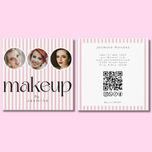 Blush Pink Stripe 3 Photo MUA QR Code Socials Square Business Card