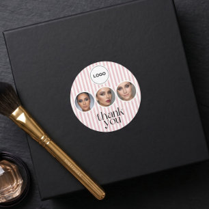Blush Pink Stripe 3 Photo MUA Thank You Salon  Classic Round Sticker