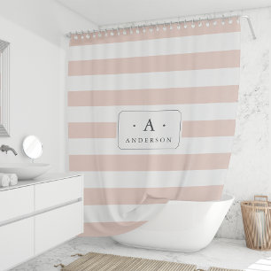 Blush Pink Stripe Family Name & Monogram Shower Curtain