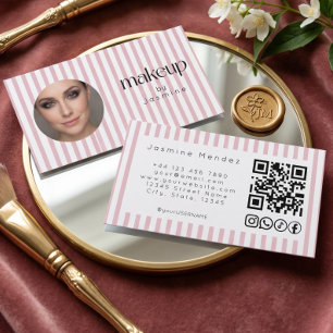 Blush Pink Stripe Photo MUA QR Code Social Icons B Business Card