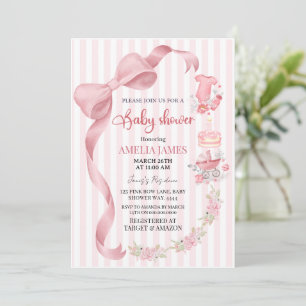 Blush Pink Striped Coquette Bow Girl Baby Shower Invitation