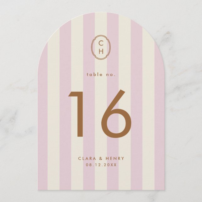 Blush Pink Striped Die-Cut Monogram Table Number (Front)