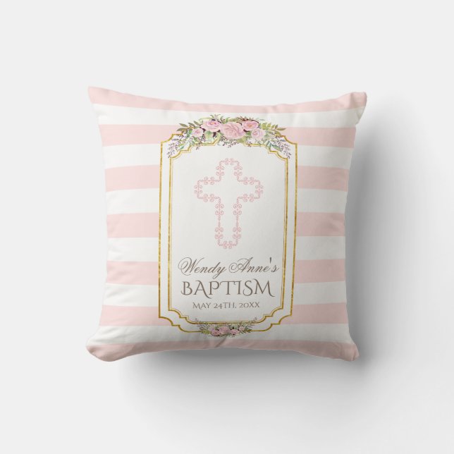 Blush Pink Stripes Floral Gold Baptism Monogram Cushion (Front)