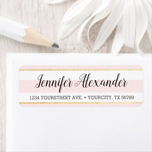 Blush Pink Stripes Gold Faux Foil Return Address (Insitu)