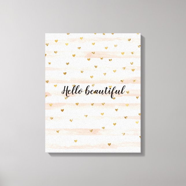 Blush Pink Stripes Gold Hearts Canvas Print (Front)