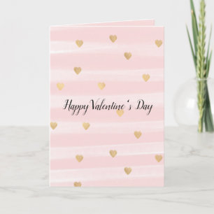 Blush Pink Stripes Gold Hearts Holiday Card