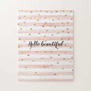 Blush Pink Stripes Gold Hearts Jigsaw Puzzle
