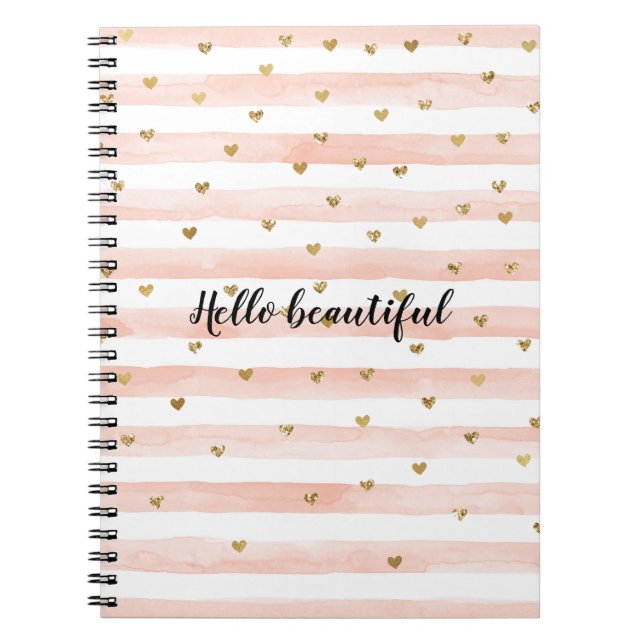 Blush Pink Stripes Gold Hearts Notebook (Front)