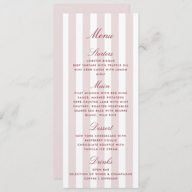 Blush Pink Stripes Modern Wedding Menu Card (Front/Back)