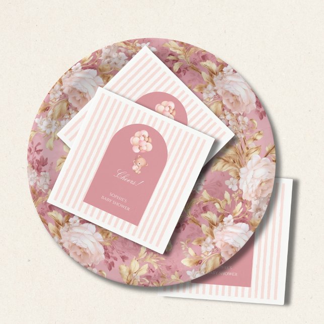 Blush pink stripes, teddy bear balloon napkin (Creator Uploaded)