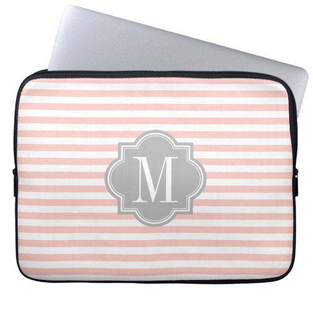 Blush Pink Stripes with Grey Monogram Laptop Sleeve (Front)