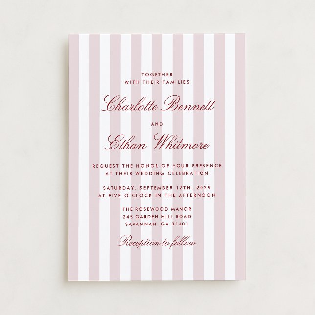 Blush Pink Stripes with Red Script Modern Wedding  Invitation (Creator Uploaded)