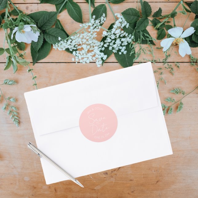 Blush Pink Stylised Wedding Save the Date Classic Round Sticker (In Situ Wedding)