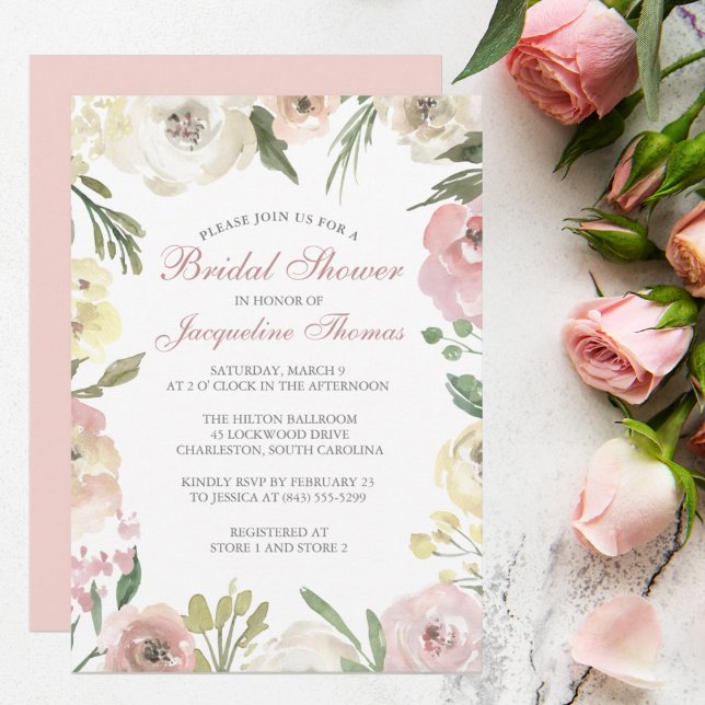 Blush Pink Summer Floral Elegant Bridal Shower Invitation (Creator Uploaded)