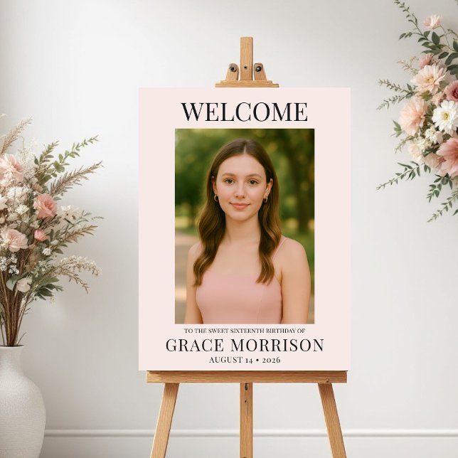 Blush Pink Sweet Sixteen Photo Birthday Welcome Poster (Creator Uploaded)