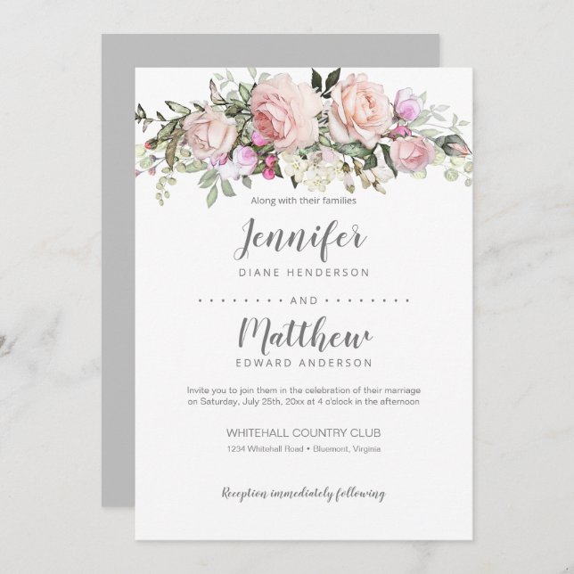 Blush Pink Sweetheart Roses Bouquet Wedding Invitation (Front/Back)