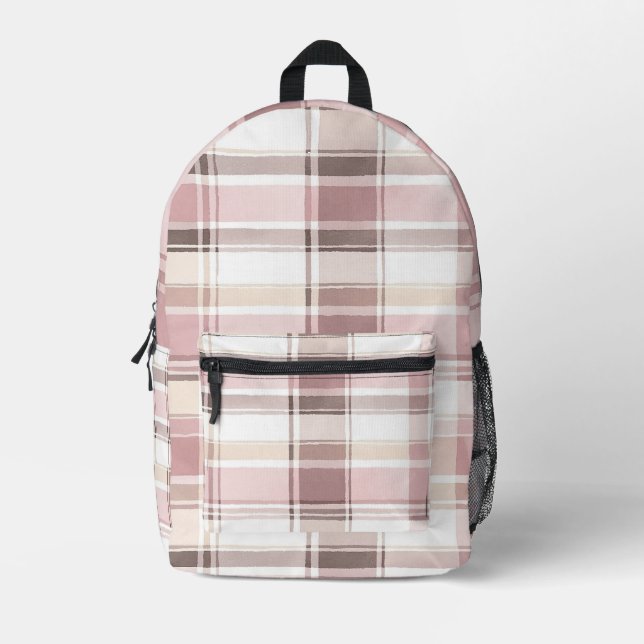 Blush Pink Tan Cocoa Cream Plaid Printed Backpack (Front)