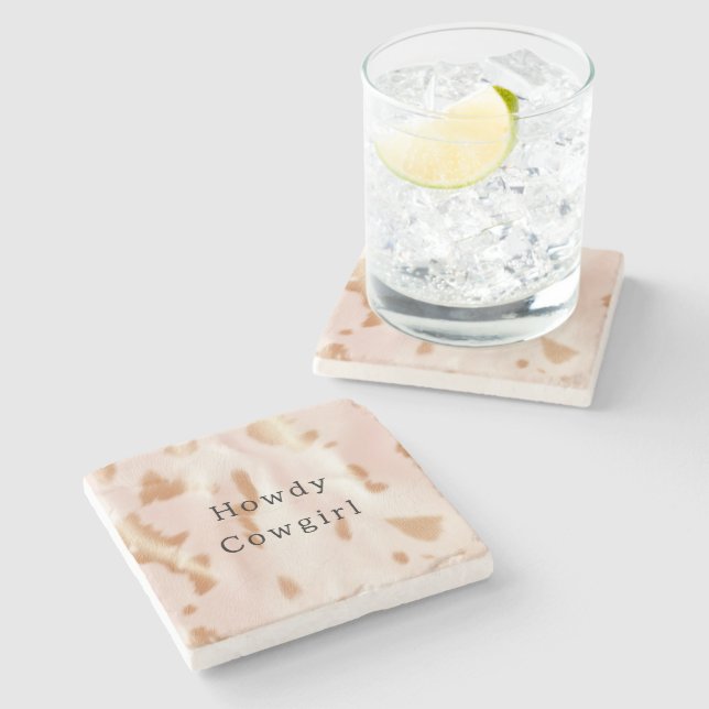 Blush Pink Tan Southwest Faux Cowgirl Cowhide Stone Coaster (Side)